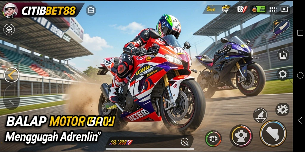 Tangkapan layar gameplay <strong>CITIBET88</strong> menampilkan balapan motor yang penuh aksi dan kecepatan.
