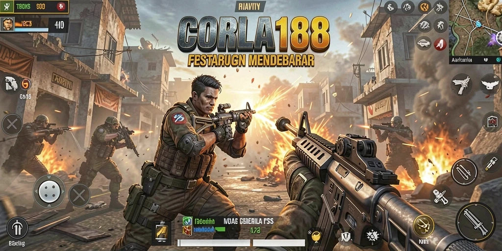 Screenshot gameplay CORLA188 menampilkan aksi tembak-menembak yang intens.