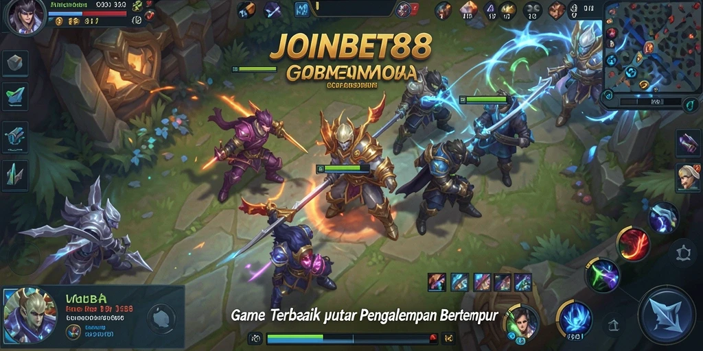 Screenshot gameplay menyenangkan dari JOINBET88 menunjukkan aksi pertempuran MOBA.