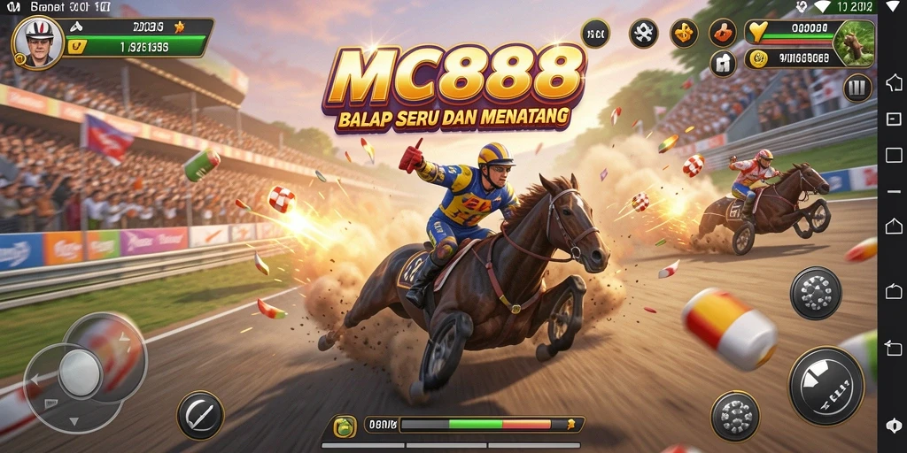 Screenshot utama MC888 menampilkan aksi balapan yang intens dan grafis menawan.