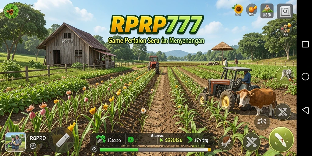 Tampilan gameplay RPRP777 dengan ladang yang subur dan tanaman berwarna-warni.