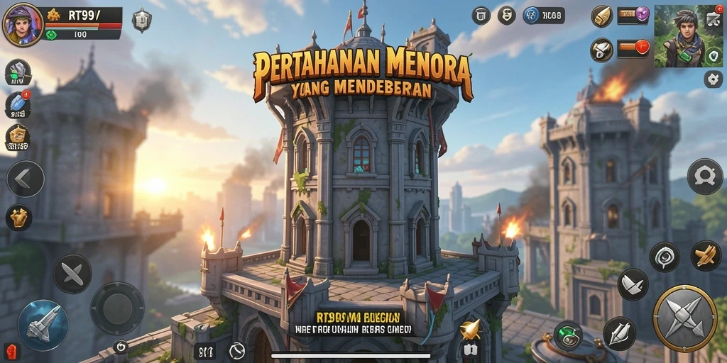 Screenshot gameplay RT99 menampilkan menara pertahanan dan gelombang musuh yang mendebarkan.