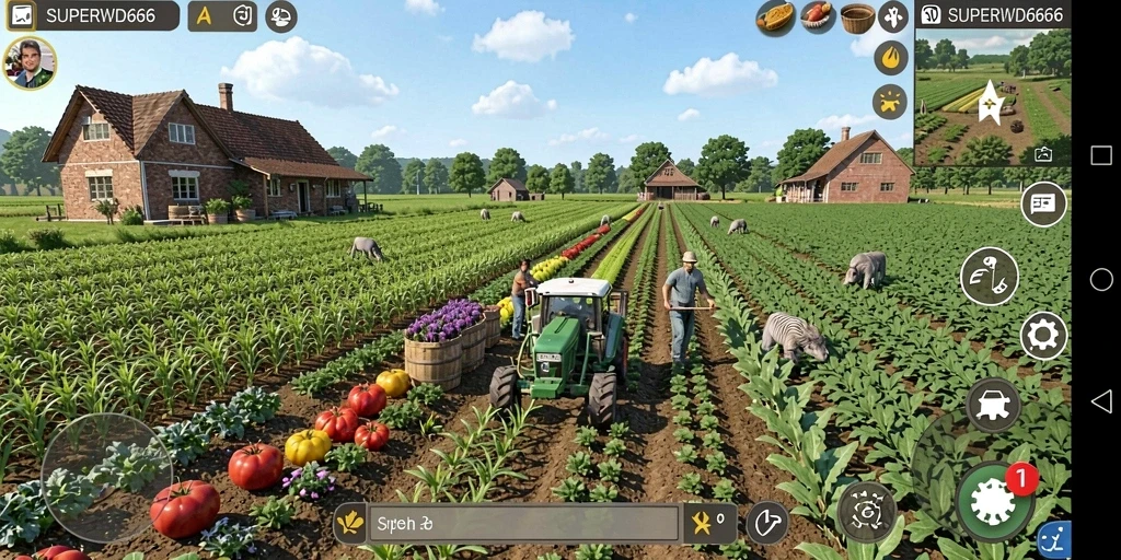 Screenshot gameplay <strong>SUPERWD666</strong> menampilkan aktivitas bertani yang seru dan interaksi antar pemain.