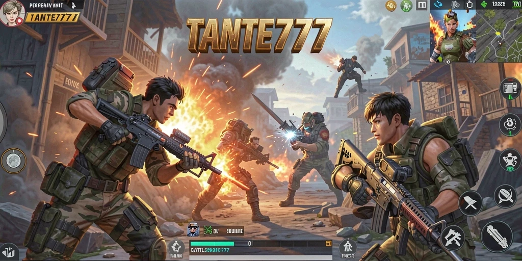 Screenshot utama TANTE777 menampilkan pertarungan epik dalam arena Battle Royale.
