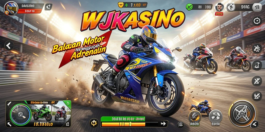 Screenshot gameplay WJKASINO yang menegangkan dalam balapan motor.